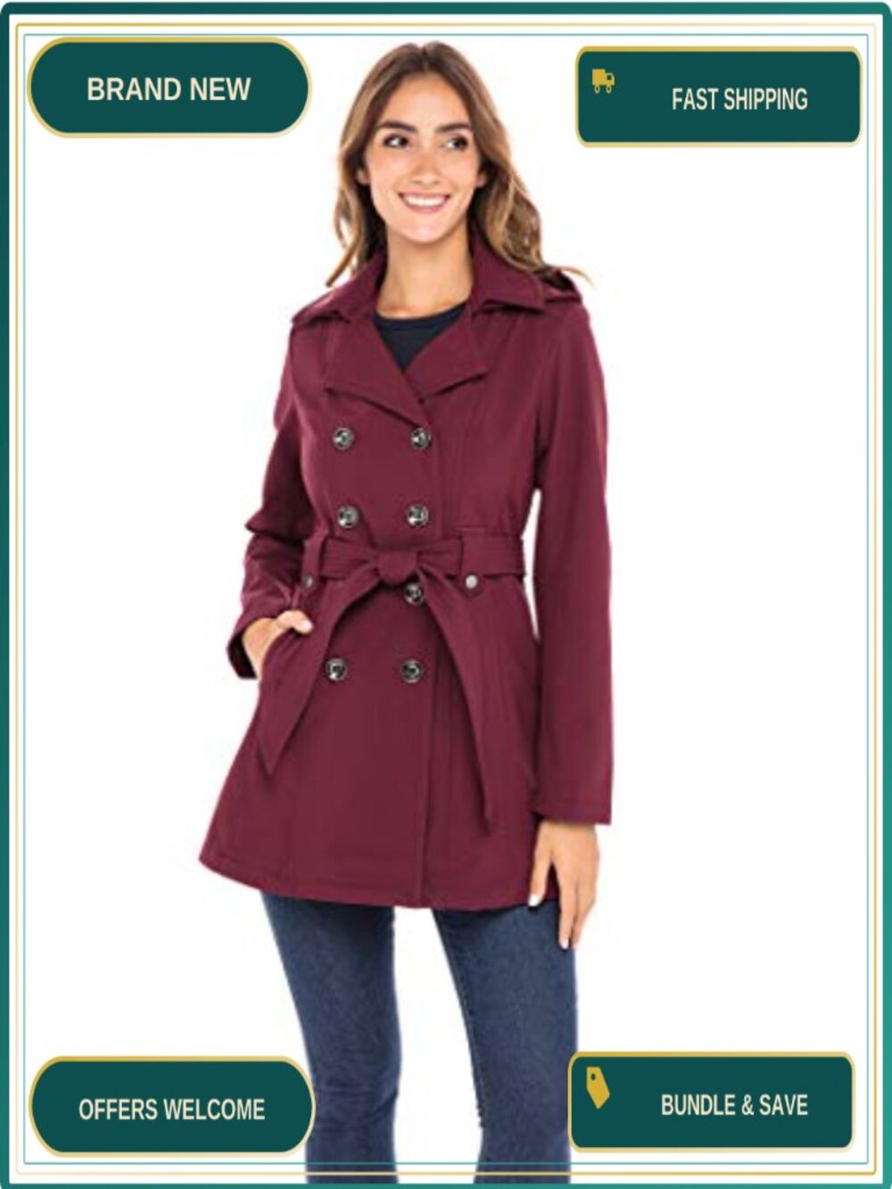 Soft Shell Trench Coat Detachable Hood Button Front Classic Fit